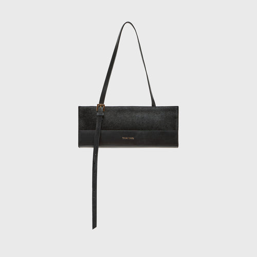 THE ZUR East-West black haircalf shoulder bag, front view