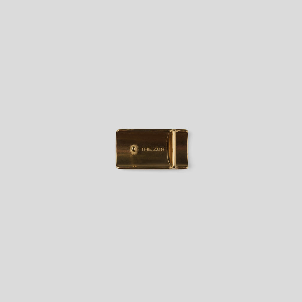 THE ZUR brown belt with rectangular gold-tone buckle — detail view